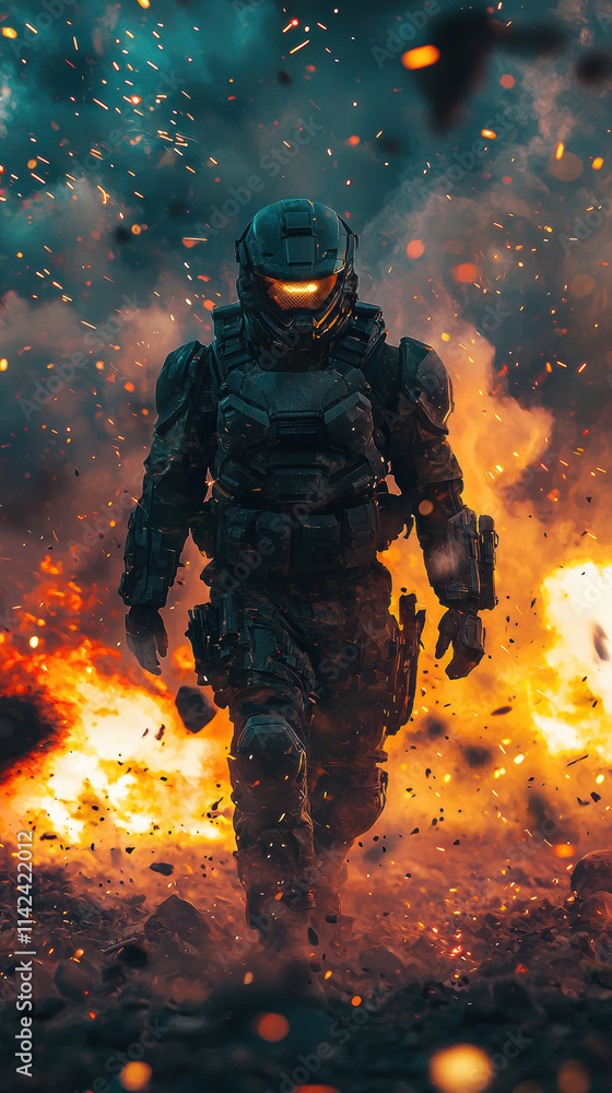 Futuristic soldier in armor walking through fiery explosion, intense scene Futuristic soldier in armor walking through fiery explosion, intense scene