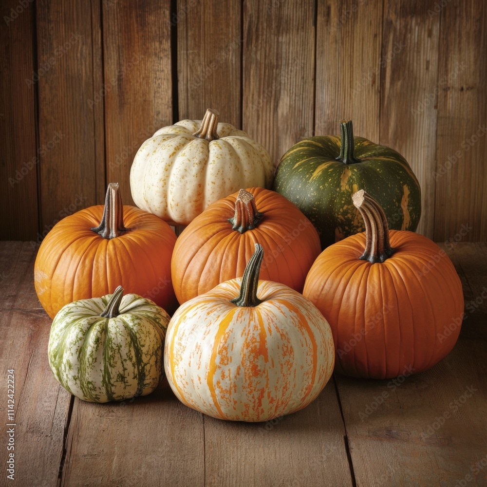 A variety of pumpkins on a wooden surface A variety of pumpkins on a wooden surface