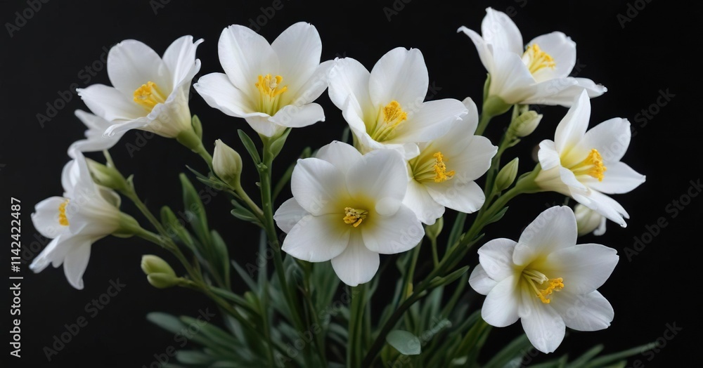 Fototapeta premium Vibrant white freesias against dark background, dark, intense, contrast, eye-catching