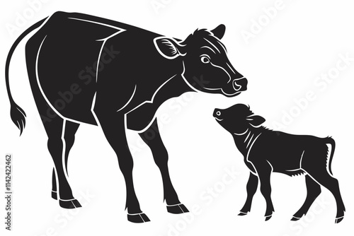 A young cow standing with a Calf  vector silhouette on a white background