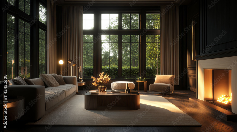 Fototapeta premium Luxurious living room with large windows showcasing nature at dusk