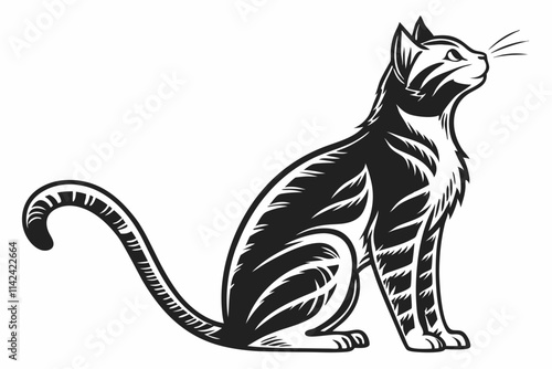 Cat Sitting, A farm cat with an arched back and upright tail vector silhouette on a white background