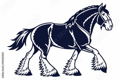 Clydesdale Horse, A draft horse with feathered hooves, representing strength vector silhouette on a white background photo