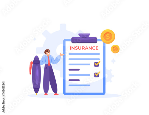 insurance terms and conditions concept. insurance policy. money and financial protection against risk. Life and Health Protection. illustration of a man with agreement document paper on clipboard