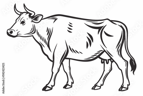 Cow Standing A side profile, silhouette of a standing cow with horns vector,  illustration on a white background