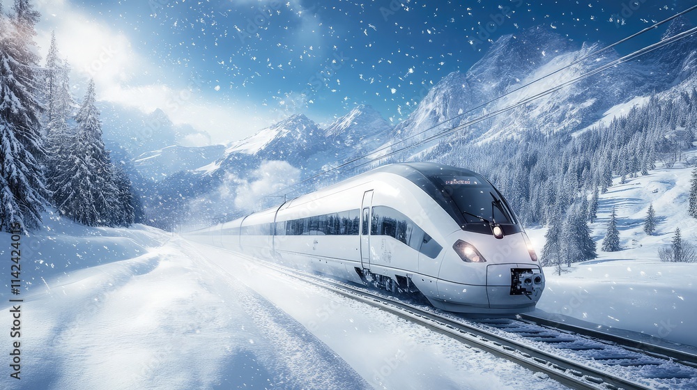 Naklejka premium A high-speed train gliding through snow-covered landscapes, with passengers gazing out at the serene winter scenery
