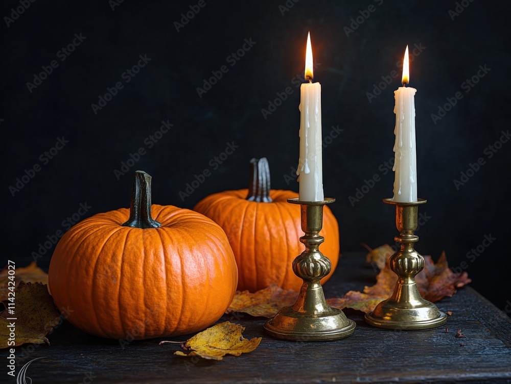 fall still life with pumpkins and candles fall still life with pumpkins and candles