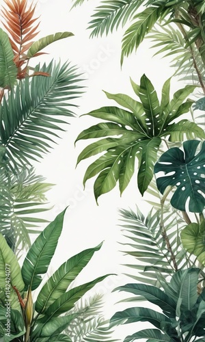 Watercolor botanical illustration of tropical plants, art print, foliage, tropical theme, green, natural