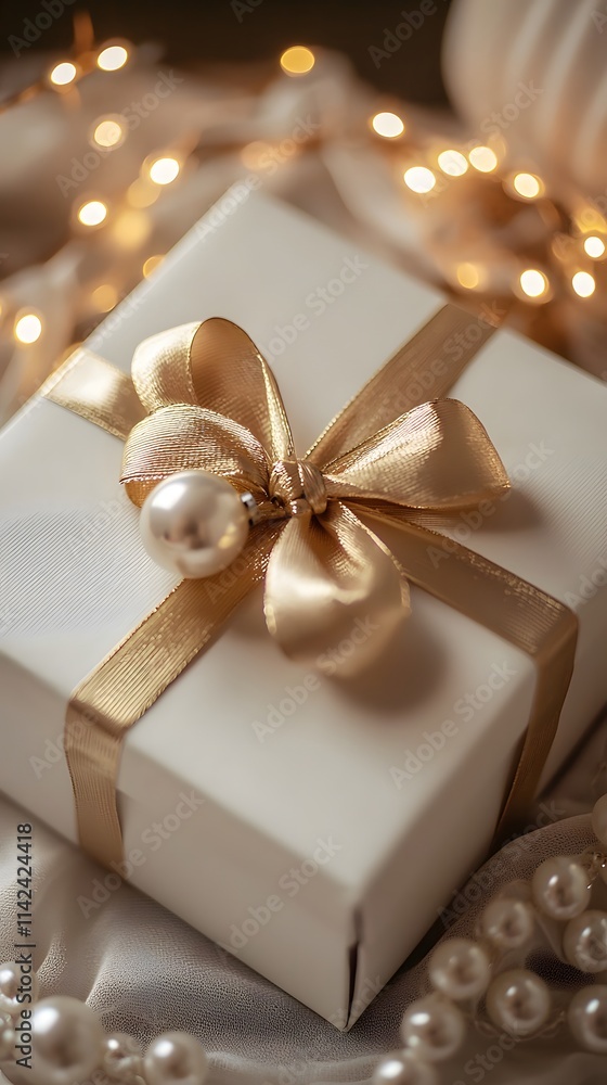 Elegant White Gift Box with Gold Ribbon and Pearls on Soft Fabric Elegant White Gift Box with Gold Ribbon and Pearls on Soft Fabric
