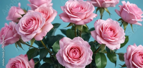 Watercolor drawing of a bunch of pink roses against a blue backdrop, textured paper, art print, floral pattern, poster design, flora painting