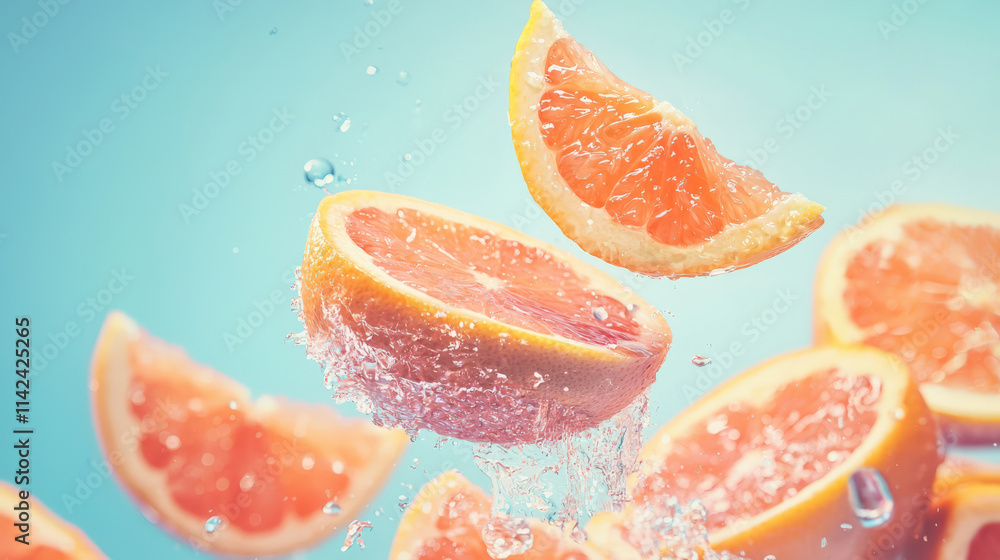 Fresh Citrus Fruit Splash with Juicy Grapefruit Slices and Water Droplets on a Bright Blue Background for Food and Beverage Photography Fresh Citrus Fruit Splash with Juicy Grapefruit Slices and Water Droplets on a Bright Blue Background for Food and Beverage Photography