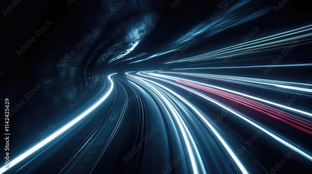 A high-speed train illuminated by track-side lights as it speeds along a dark track at night, creating motion blur A high-speed train illuminated by track-side lights as it speeds along a dark track at night, creating motion blur