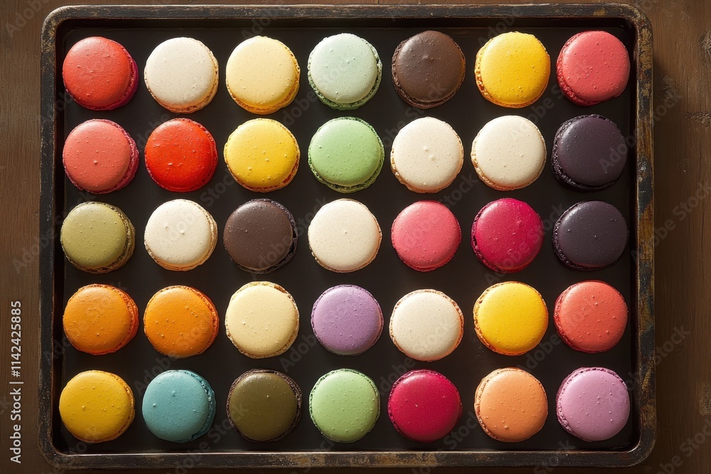 Colorful Macarons Arranged Neatly In A Baking Tray Colorful Macarons Arranged Neatly In A Baking Tray