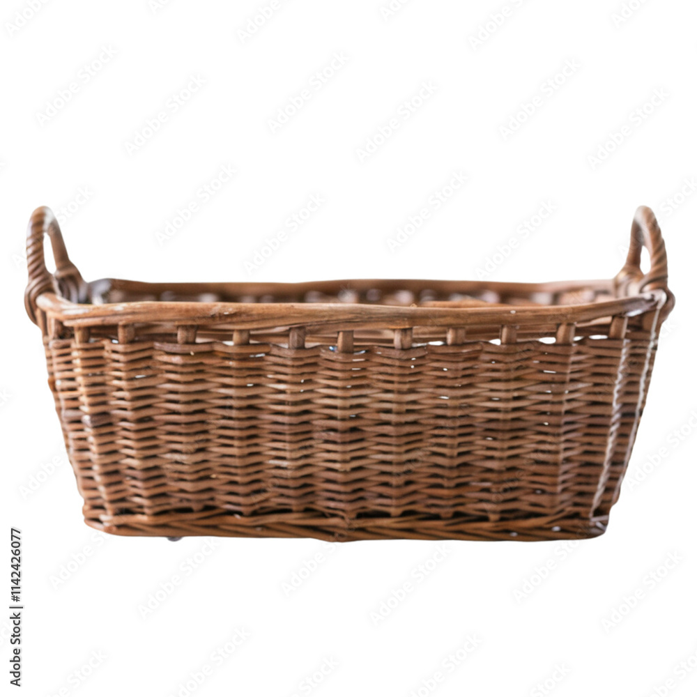Obraz premium Rustic Woven Storage Basket: A natural, woven basket with two sturdy handles, ideal for storing items in a rustic farmhouse style. Perfect for adding a touch of warmth and charm to any space. 
