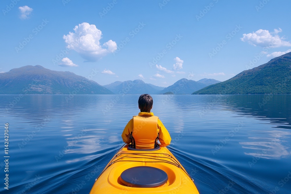 A lone kayaker paddling peacefully across a calm lake surrounded by towering mountains, embodying solitude and freedom A lone kayaker paddling peacefully across a calm lake surrounded by towering mountains, embodying solitude and freedom