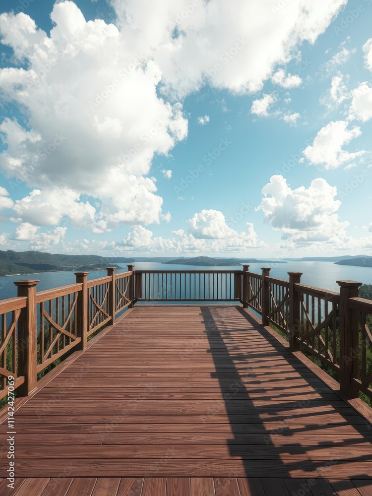 Elevated wooden deck overlooking serene lake, vibrant blue sky, fluffy white clouds, serene,calm,texture Elevated wooden deck overlooking serene lake, vibrant blue sky, fluffy white clouds, serene,calm,texture