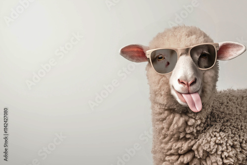 A funny sheep in sunglasses with its tongue hanging out on a light background on the right. Comic advertising banner.