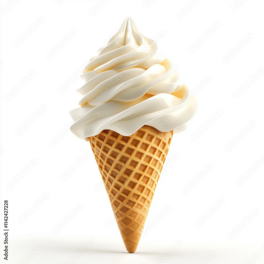 Creamy soft serve ice cream in a waffle cone displayed against a clean white background Creamy soft serve ice cream in a waffle cone displayed against a clean white background