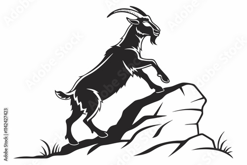 Goat Climbing, A goat standing on its hind legs or on a rock vector silhouette on a white background