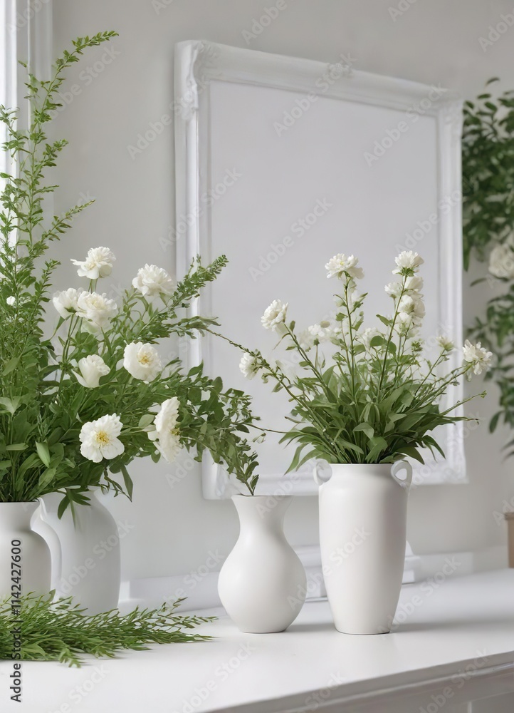White frame with greenery and vase with flowers on table, home interior, chic living, fresh flowers White frame with greenery and vase with flowers on table, home interior, chic living, fresh flowers