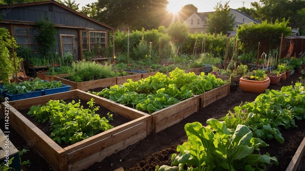 A lush and vibrant communal kitchen garden, bursting with a diverse array of raised plant beds filled with fresh and colorful vegetables. A lush and vibrant communal kitchen garden, bursting with a diverse array of raised plant beds filled with fresh and colorful vegetables.