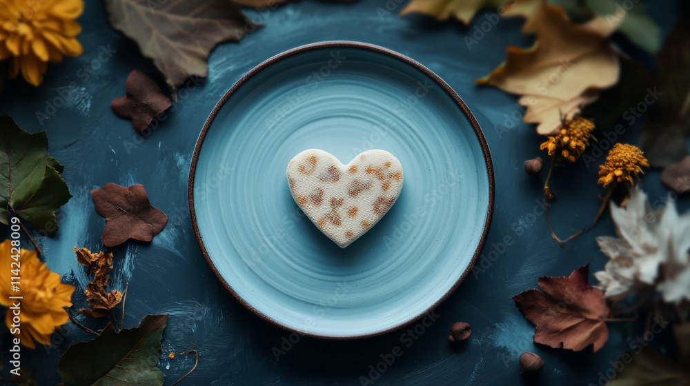Heart-shaped treat on a blue plate surrounded by autumn leaves for Valentine's Day Heart-shaped treat on a blue plate surrounded by autumn leaves for Valentine's Day