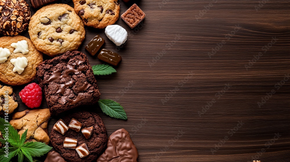 Assortment of delicious chocolate cookies and brownies arranged on a dark brown wooden surface, garnished with fresh mint leaves. A delectable treat for any occasion! Assortment of delicious chocolate cookies and brownies arranged on a dark brown wooden surface, garnished with fresh mint leaves. A delectable treat for any occasion!