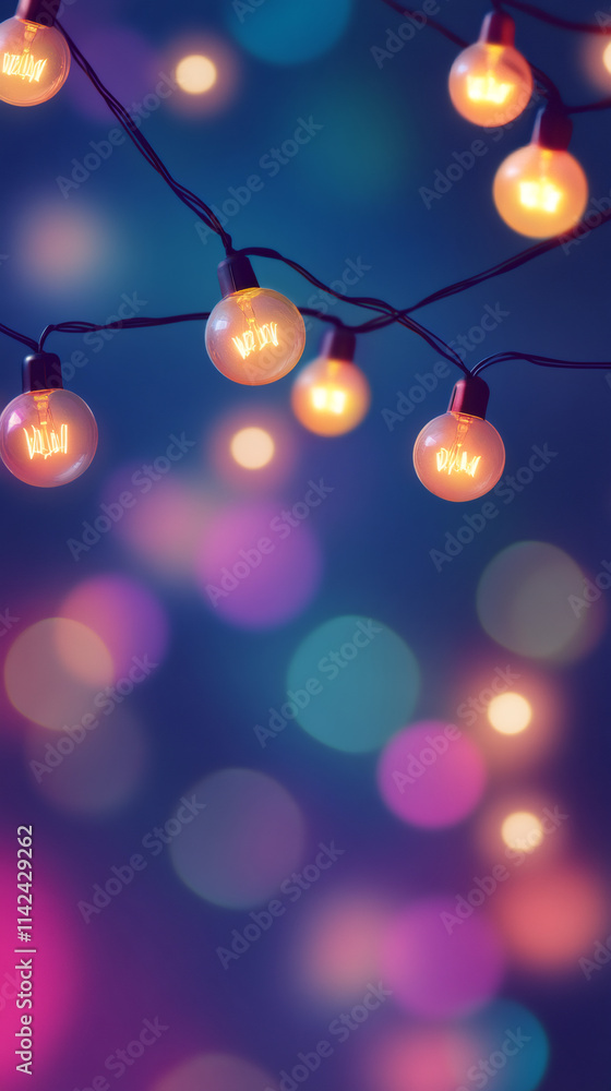 Festive ramadan atmosphere with warm light bulbs on a string and colorful bokeh background Festive ramadan atmosphere with warm light bulbs on a string and colorful bokeh background