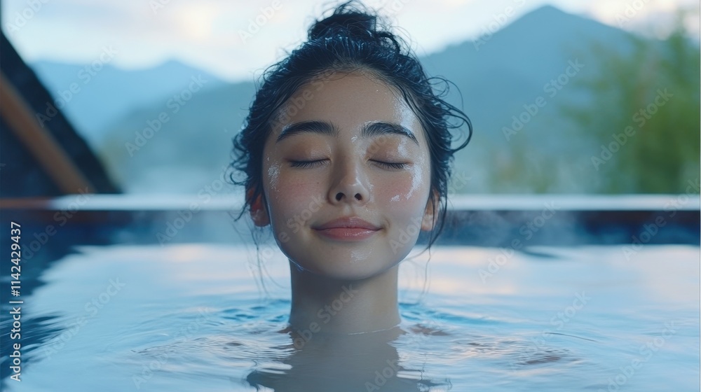 Serene Japanese Woman in Onsen with Tranquil Mountain View Serene Japanese Woman in Onsen with Tranquil Mountain View
