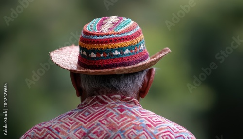 A captivating view of a person wearing a colorful woven hat, highlighting the rich cultural heritage and artisan craftsmanship in traditional textiles. photo