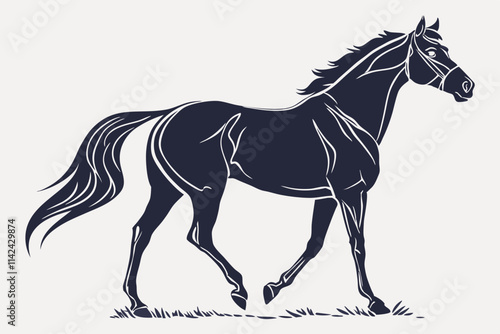 Horse Standing, A proud horse with its tail flowing down vector silhouette on a white background