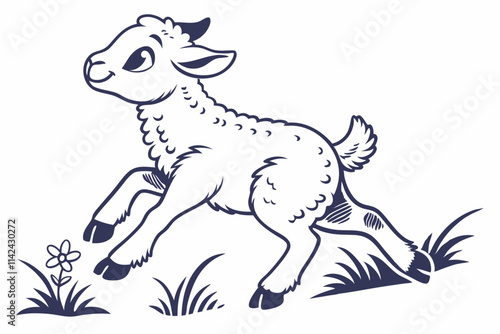 A small playful lamb with a fluffy tail vector silhouette on a white background