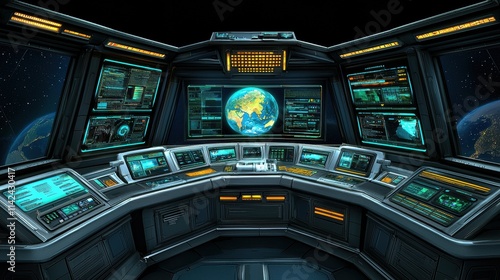 Fototapeta Naklejka Na Ścianę i Meble -  Futuristic Spacecraft Command Center with Interactive Digital Screens and Controls