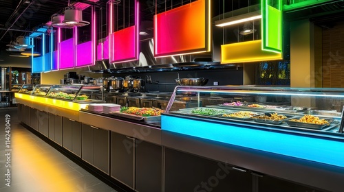 Fototapeta Naklejka Na Ścianę i Meble -  Colorful Modern Buffet with Vibrant Lighting