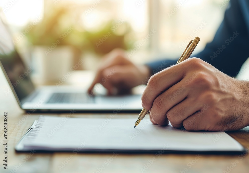 Person Writing Notes with Pen Near Laptop on Wooden Desk Person Writing Notes with Pen Near Laptop on Wooden Desk