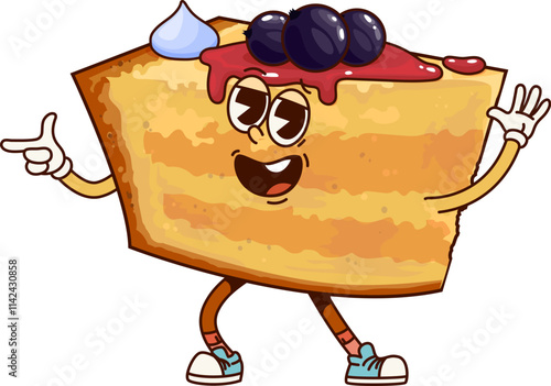 Funny groovy cake character. Isolated cartoon vector slice of biscuit dessert retro personage with layered body, topped with whipped cream, jam and black currant berries, wears big smile and sneakers