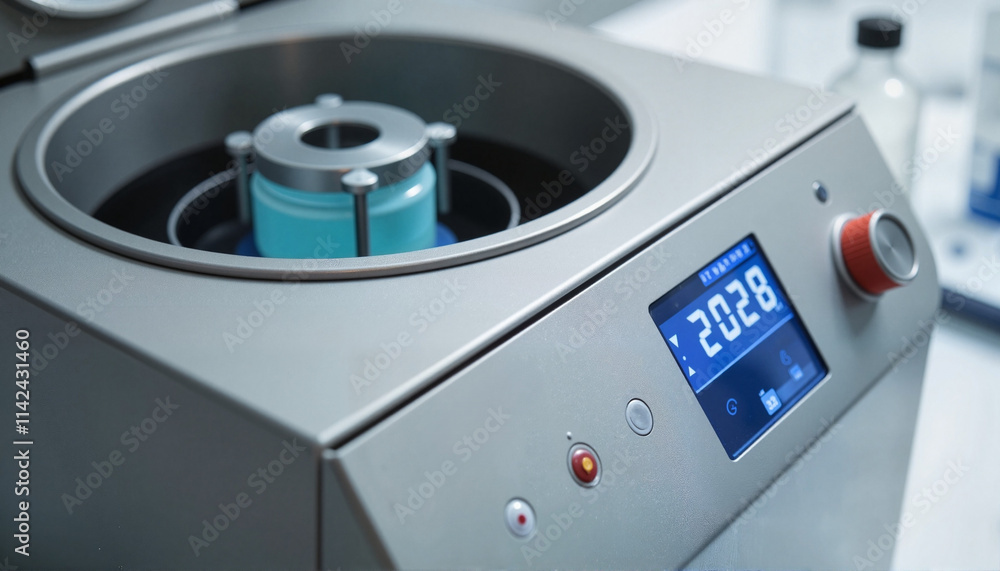Fototapeta premium Centrifuge machine with tubes and sleek digital interface in lab, World Laboratory Day