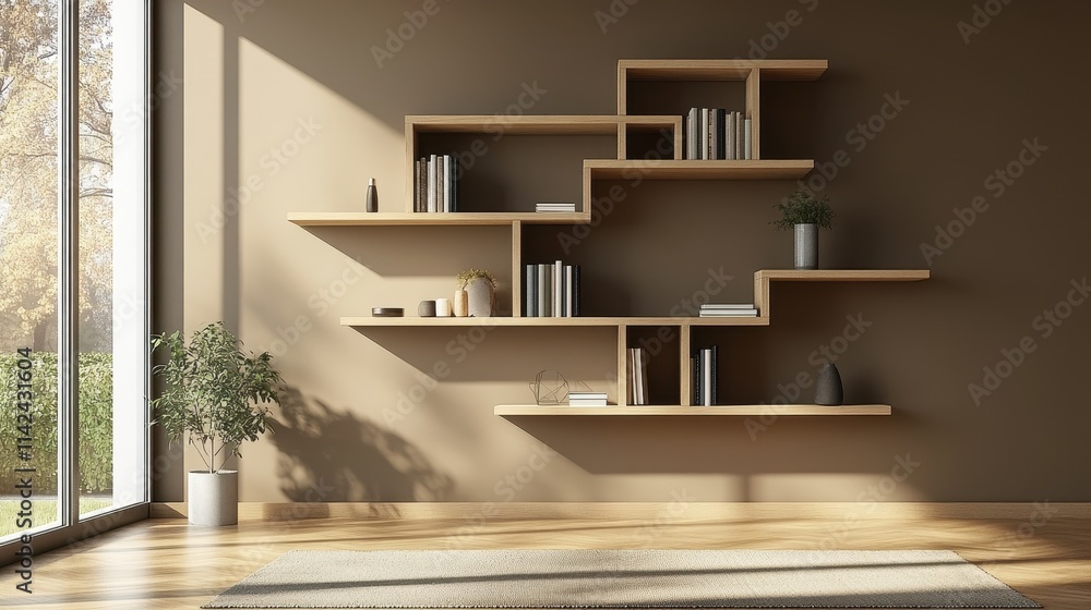 Fototapeta premium Contemporary Wooden Bookshelf with Open Spaces and Natural Light