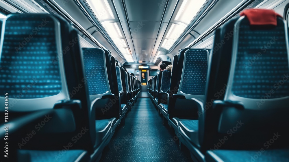 Fototapeta premium A high-speed train interior in economy class, with modern yet simple seating, overhead luggage racks, and ample legroom