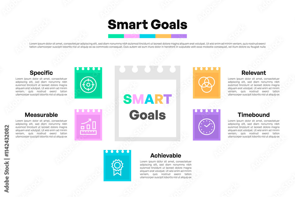 Naklejka premium SMART Goals Infographic with Tear-Off Note Paper Icons and Descriptive Layout