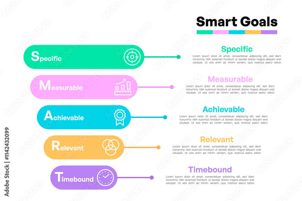 SMART Goals Timeline Infographic with Colored Bars and Icons SMART Goals Timeline Infographic with Colored Bars and Icons