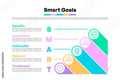 SMART Goals Timeline Infographic with Colored Bars and Icons