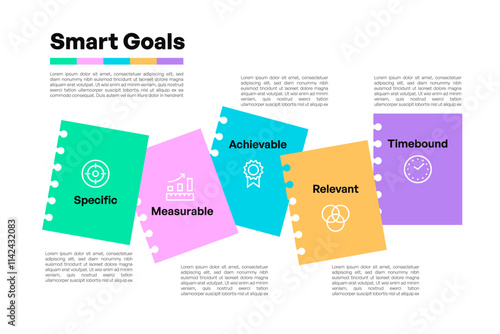 SMART Goals Infographic with Tear-Off Note Paper Icons and Descriptive Layout photo