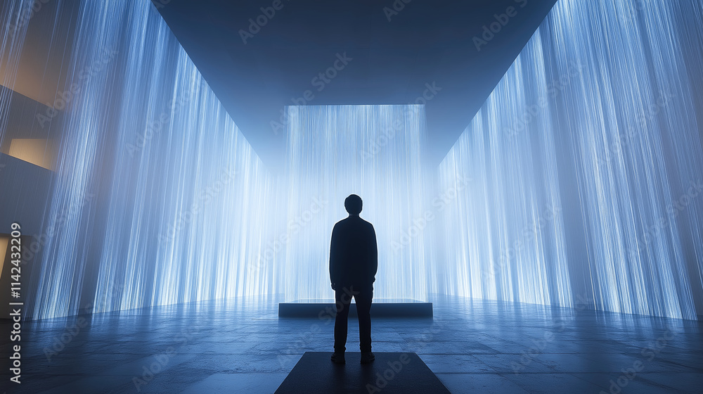 Immersive multisensory art installation with glowing blue light beams Immersive multisensory art installation with glowing blue light beams