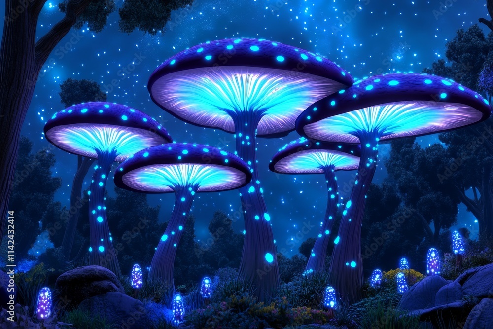 Fototapeta premium A mystical forest scene with glowing mushrooms and bioluminescent plants lighting up the shadows
