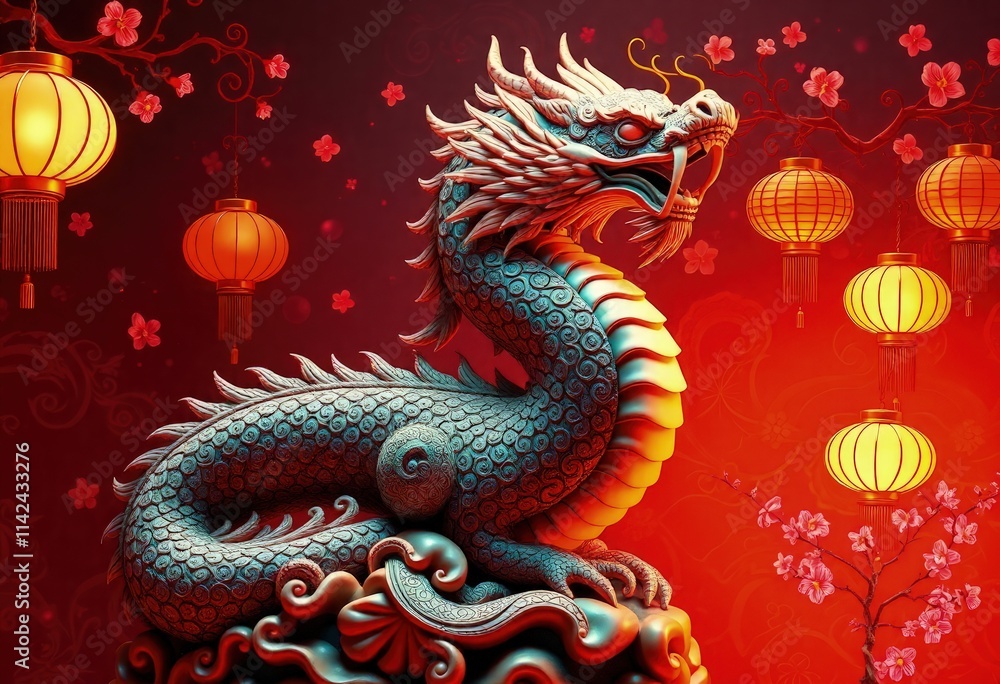Fototapeta premium Chinese New Year Dragon Statue - Snake Statue - Chinese Perfect Background - Perfect Any Project