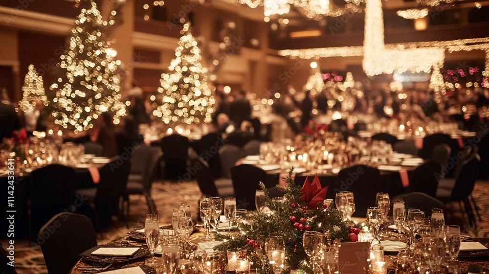 Christmas celebration dinner elegant banquet hall festive table setting cozy atmosphere warm lighting joyful gathering Christmas celebration dinner elegant banquet hall festive table setting cozy atmosphere warm lighting joyful gathering