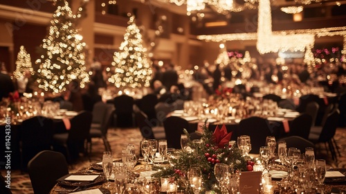 Christmas celebration dinner elegant banquet hall festive table setting cozy atmosphere warm lighting joyful gathering