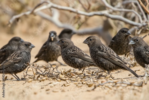 Darwin's Finches Feeding: A group of Darwin's finches pecking at seeds photo