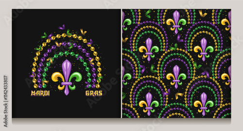 Rainbow shaped composition made with bead strings, Fleur de Lis sign, text. Geometric pattern with fleur de lis symbol, fan shaped ornament, scattered confetti.